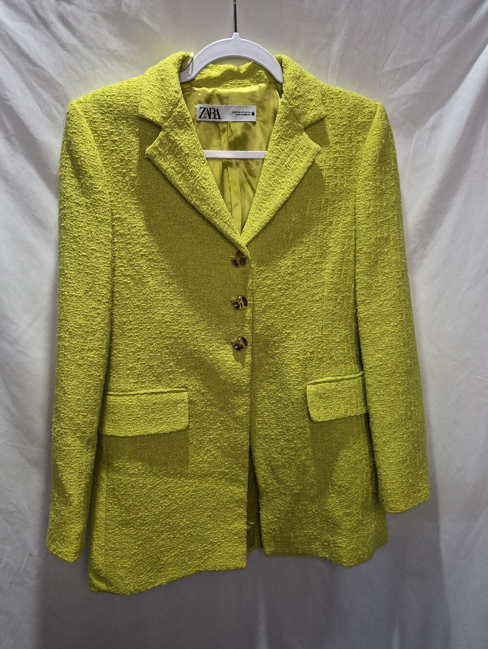 Zara Chartreuse Lime Textured Blazer Gold Buttons Tailored Jacket XS